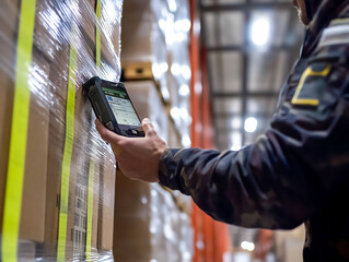 Worker scanning barcode on pallet in warehouse