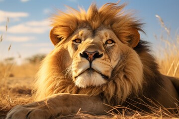 Naklejka premium Lion lying down in a relaxed pose on a grassy terrain with a clear sky behind