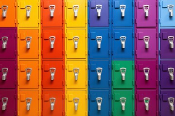 Fototapeta premium Multiple colorful school lockers with individual locks, arranged in a neat row
