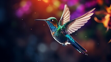 Obraz premium A breathtaking image showcasing a hummingbird in flight, accentuating vibrant colors and dynamic movement in breathtaking
