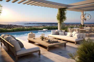 Fototapeta premium Stunning luxury villa with a spacious rooftop terrace, panoramic views