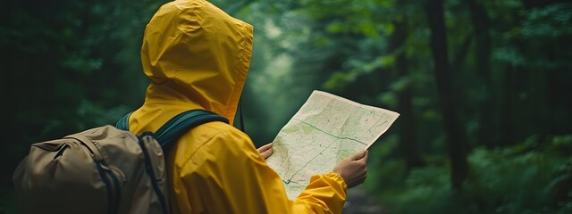 Close-up of a hiker looking at a map in a forest, wearing a yellow rain jacket and backpack, holding a paper map with green trails. Realistic photography, cinematic grading.