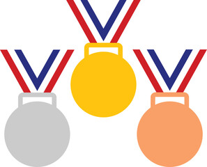 Three top winning medals hanging on red white and blue ribbon. gold medal, silver medal, bronze medal