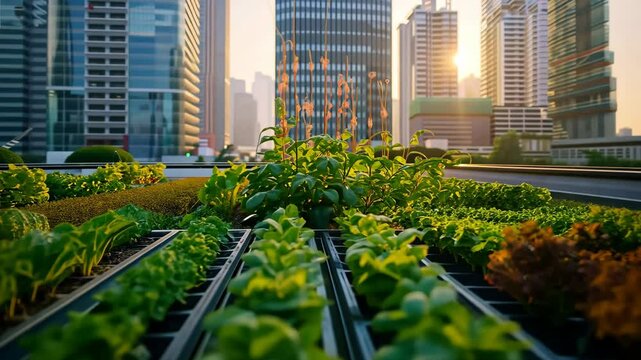 Rooftop urban garden filled with fresh vegetables, with a city skyline backdrop during a beautiful sunrise, promoting sustainability.
