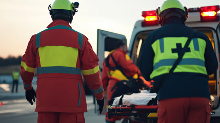 Fototapeta premium Emergency responders assist a patient, showcasing teamwork and dedication in a critical situation.