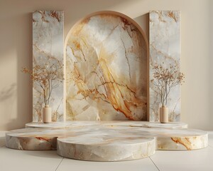 Elegant Marble Slab on Warm Beige Background for Luxurious Product Showcase and Presentation