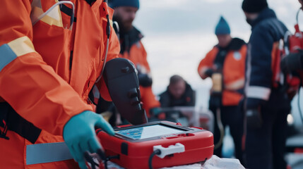 Emergency responders assist at the scene, equipped with medical devices and collaborating to ensure patient safety and care.