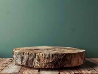 Fototapeta premium Rustic Wooden Platform on Muted Green Background for Product Presentation Concept