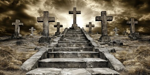 Naklejka premium A graveyard path ascends towards stone crosses, illuminated by a soft light under a moody, cloud-filled sky