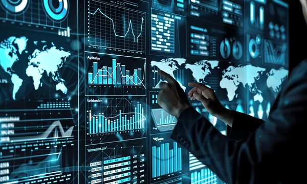 Person analyzing data on futuristic digital touchscreen interface