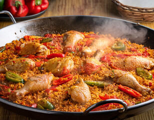 Paella with chicken, peppers and rice in a large pan. a rice dish from the Valencian Community. The concept of traditional Spanish dish.