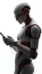 cyborg with phone, robot holding smartphone in hand, white background, cyberpunk girl