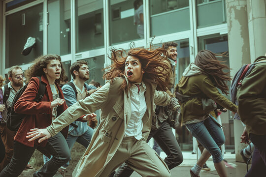 A group of people running in the street with their arms outstretched