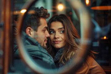 Fototapeta premium A man and a woman looking at each other through a magnifying glass