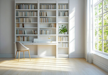White bookcase with built-in shelves and desk, empty modern home office