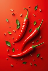 Fresh red chili peppers and herbs against a vibrant background, perfect for culinary, food blogs, or restaurant marketing.