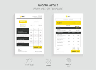 Clean and Simple Invoice Template Design, Corporate, Invoice Set, Minimal Layout with Yellow Accents, Professional Bill Receipt and Payment Agreement, Price Receipt and Company Invoice