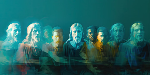 The Last Supper - A modern interpretation of Jesus and his disciples, their features abstracted and blurred, with a cool, calm color scheme of blues and greens.