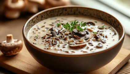 A bowl of creamy wild rice soup, filled with mushrooms.