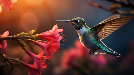 Fototapeta premium A captivating view of a hummingbird feeding on a vibrant blossom, highlighting the interaction between the bird and the flower in breathtaking