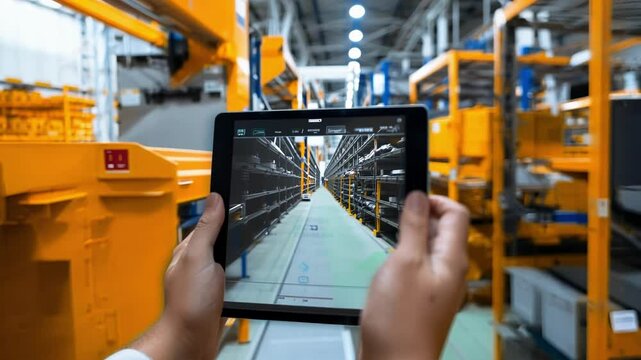 Engineer is holding a tablet and monitoring production in a factory using innovative technologies for automation and control