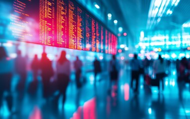 Naklejka premium Enhanced image capturing the blurred details of a departure board at an airport, focusing on the vibrant colors and dynamic travel environment.