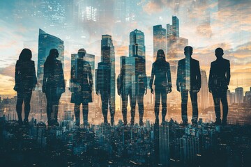 People standing in city skyline double exposure created with Generative AI