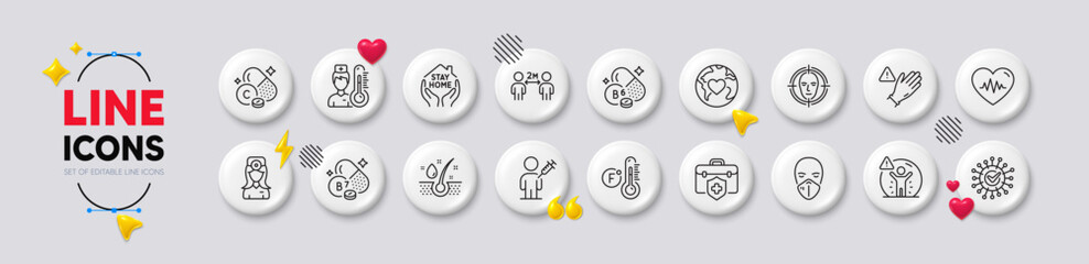 Oculist doctor, Biotin vitamin and Coronavirus line icons. White buttons 3d icons. Pack of Social distance, Medical mask, Face detect icon. Vector