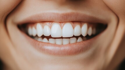 Obraz premium A close-up photograph captures a joyful smile featuring perfectly aligned, clean, and white teeth, representing dental health and happiness in crisp detail.
