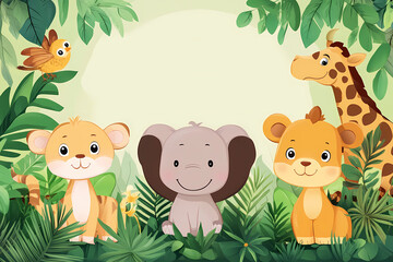 Naklejka premium Animal Grass Cartoon: Jungle, safari animals ,Charming Animal Characters in Green Grass, Illustration