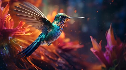 Obraz premium A close-up photograph capturing the intricate details of a hummingbird feeding on a vibrant flower, presented in breathtaking