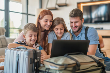 Happy dad, mom and children plan a trip and packing luggage. Family trip, travel and holiday concept