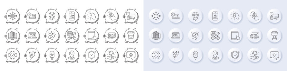 Account, Medical chat and Food delivery line icons. White pin 3d buttons, chat bubbles icons. Pack of Logistics network, Smartphone statistics, Lightning bolt icon. Vector