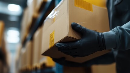 A gloved person manages and holds a box in a storage facility, focusing on organization and...