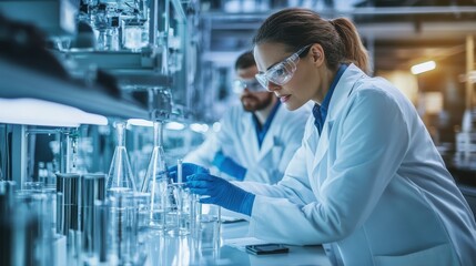 A high-tech green energy lab, with scientists and business leaders collaborating on innovative renewable technologies