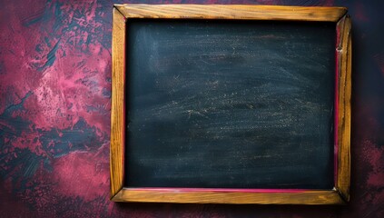 Top view of an empty blackboard with a wooden frame on a deep ruby background, perfect for school or education concepts Space for text and designs
