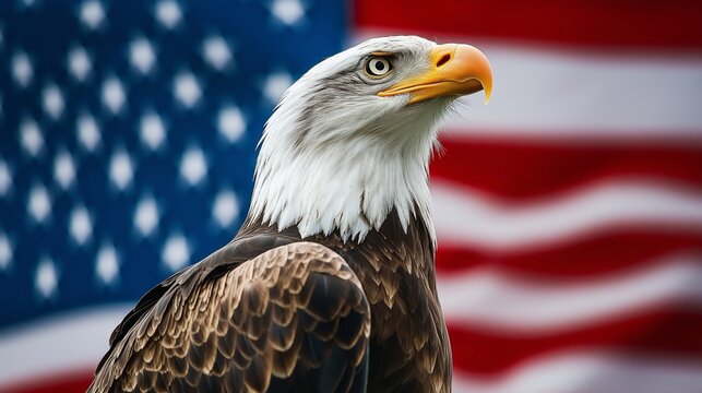 patriotic eagle taking wing in front of US flag