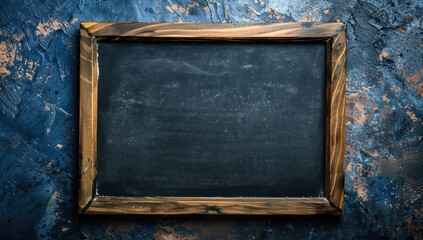 Top view of an empty blackboard with a wooden frame on a rich sapphire background Space for text and educational design