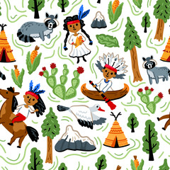 Bright cheerful children seamless vector pattern with American native indians. Childish background. Cheerful characters with animals and plants. Wigwam, mountains, horse