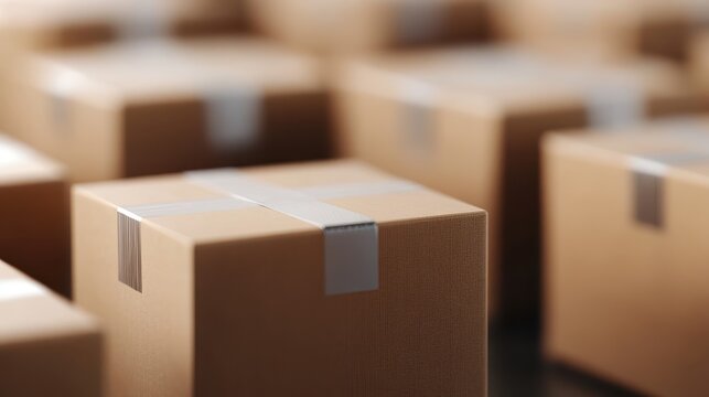 An array of uniformly arranged packages with a focus on one package, showcasing the precision in packaging and logistics, symbolizing attention to detail and order in shipping.