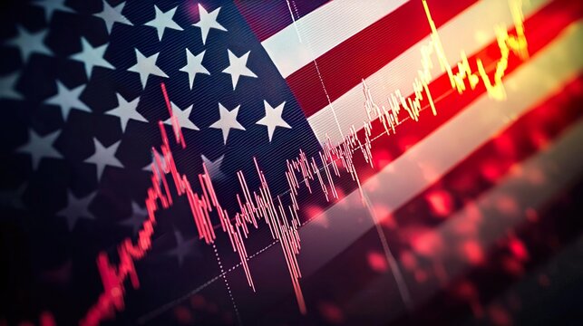 Dynamic financial graph overlaying a blurred American flag, symbolizing economic trends and national pride.