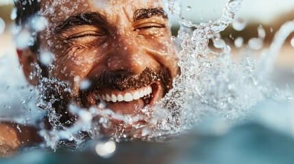 This image features a dynamic splash of water with droplets frozen in mid-air, creating a refreshing scene in front of a blurred backdrop; ideal for summer themes.
