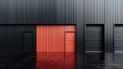 Fototapeta premium The visual emphasis is on the black and red doors of an industrial building, hinting at a modern and sophisticated design with a striking color contrast and orderly arrangement.