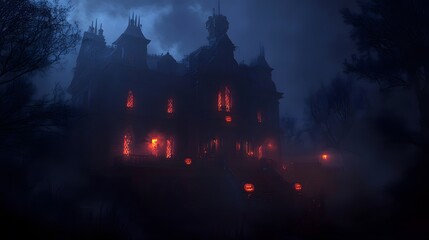 A dark gothic mansion illuminated by high contrast lighting with glowing Halloween decorations and a misty atmosphere