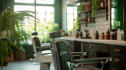 A stylish barbershop interior featuring vintage barber chairs, lush plants, and a warm, inviting atmosphere for grooming.