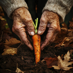 elderly hands harvesting a carrot from soil