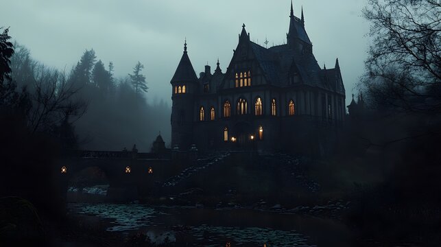 A dark mansion with intricate gothic architecture glowing windows and detailed Halloween decorations in a misty setting