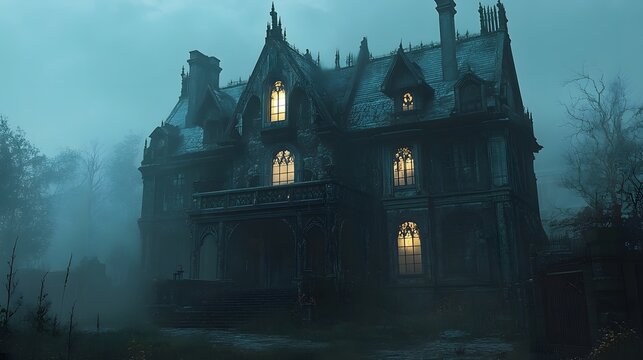 A dark mansion with intricate gothic architecture glowing windows and detailed Halloween decorations in a misty setting