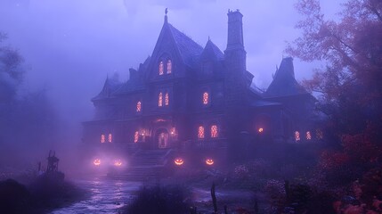 A gothic mansion with high contrast lighting glowing windows and elaborate Halloween decorations surrounded by a misty atmosphere