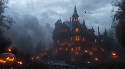A misty night scene with a dark gothic mansion glowing windows and detailed Halloween decorations creating an eerie vibe
